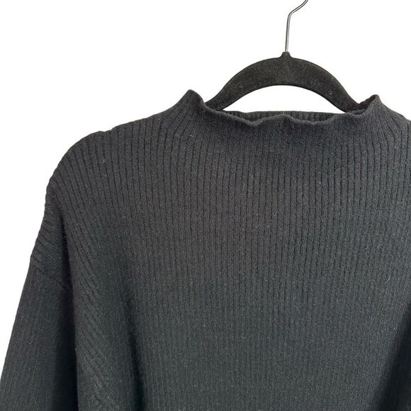 Line & Dot Black Ribbed Knit Balloon Sleeve Funnel Neck Sweater, Small - Picture 3 of 8